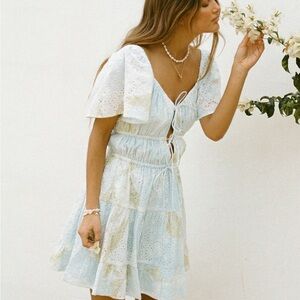 NEW Sabo Skirt Mini Dress Alessanda Cutout White Blue Eyelet Lace 🇦🇺 4 S